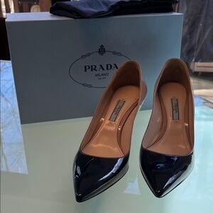 Prada Black and Nude Patent Leather Pointed-Toe Pumps